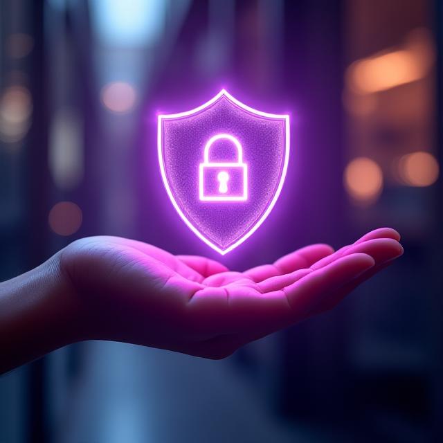 Human hand touching a digital shield representating data protection